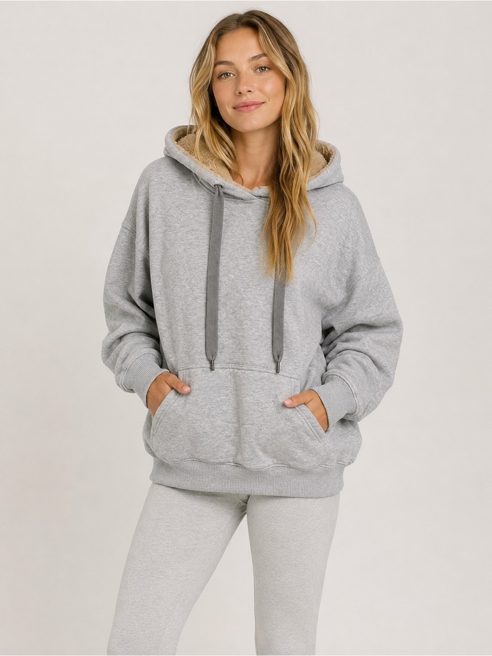 Aerie Faux Fur Lined Hoodie Gray Oversized Pullover Size Small